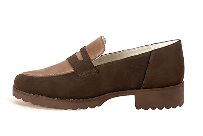 Chocolate brown and biscuit beige women's casual loafers. Round toe. Flat rubber soles. Profile view - Florence KOOIJMAN